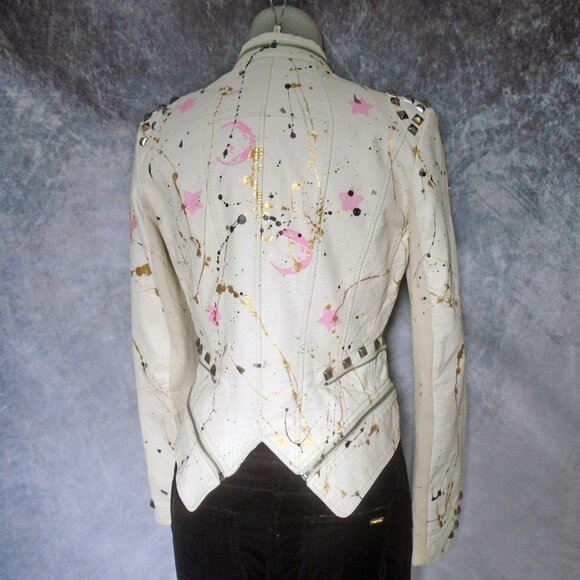 White Moto Jacket Celestial Pink Stars, Vegan Leather, Studs, Wearable Art - Picture 7 of 16